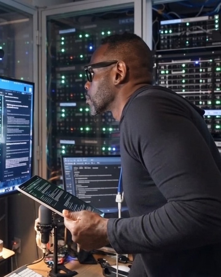 Mauriel building on camera, tablet in hand, in the server room